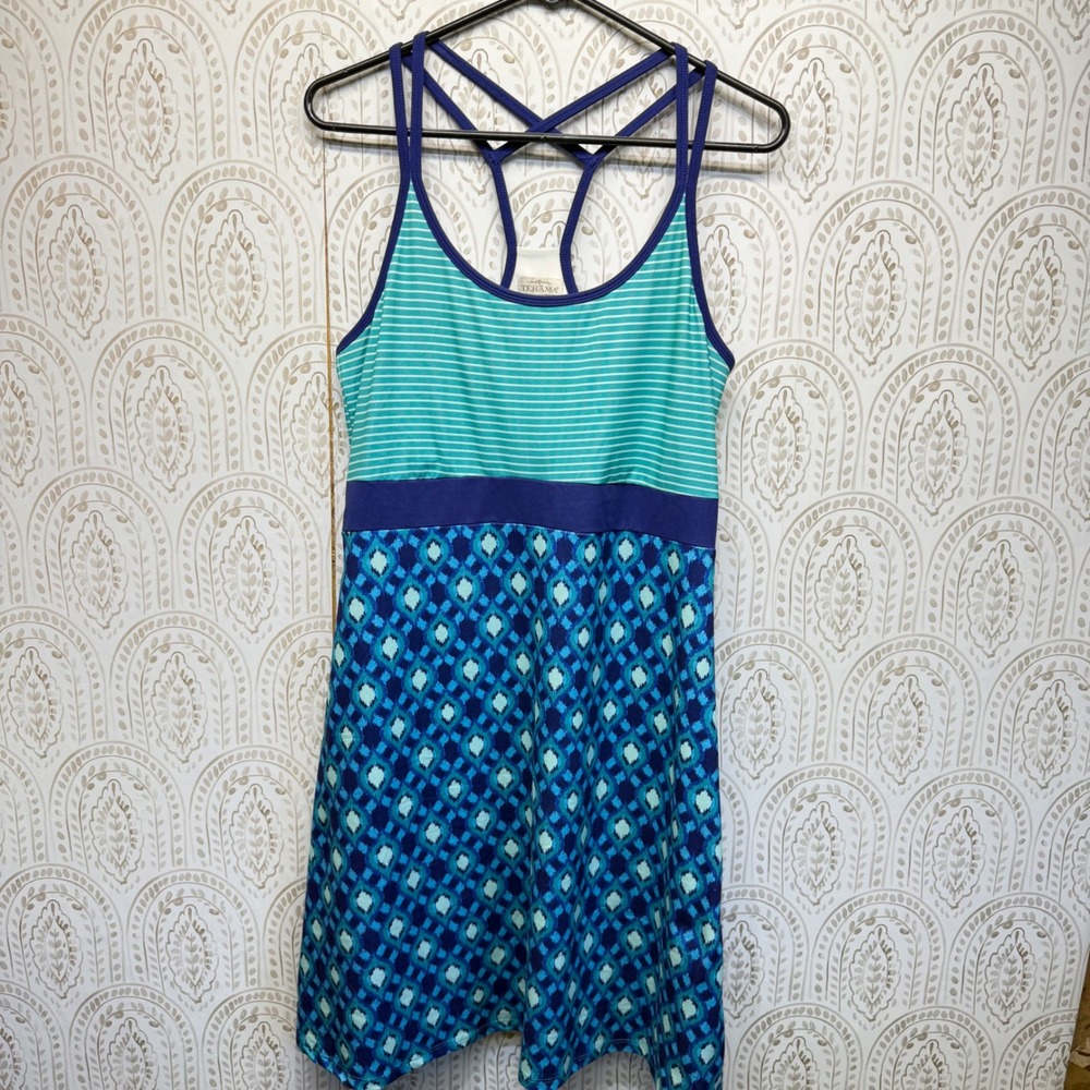 Tehama Athletic Dress‎ Womens Large Blue Teal Striped Geometric Racerback Golf